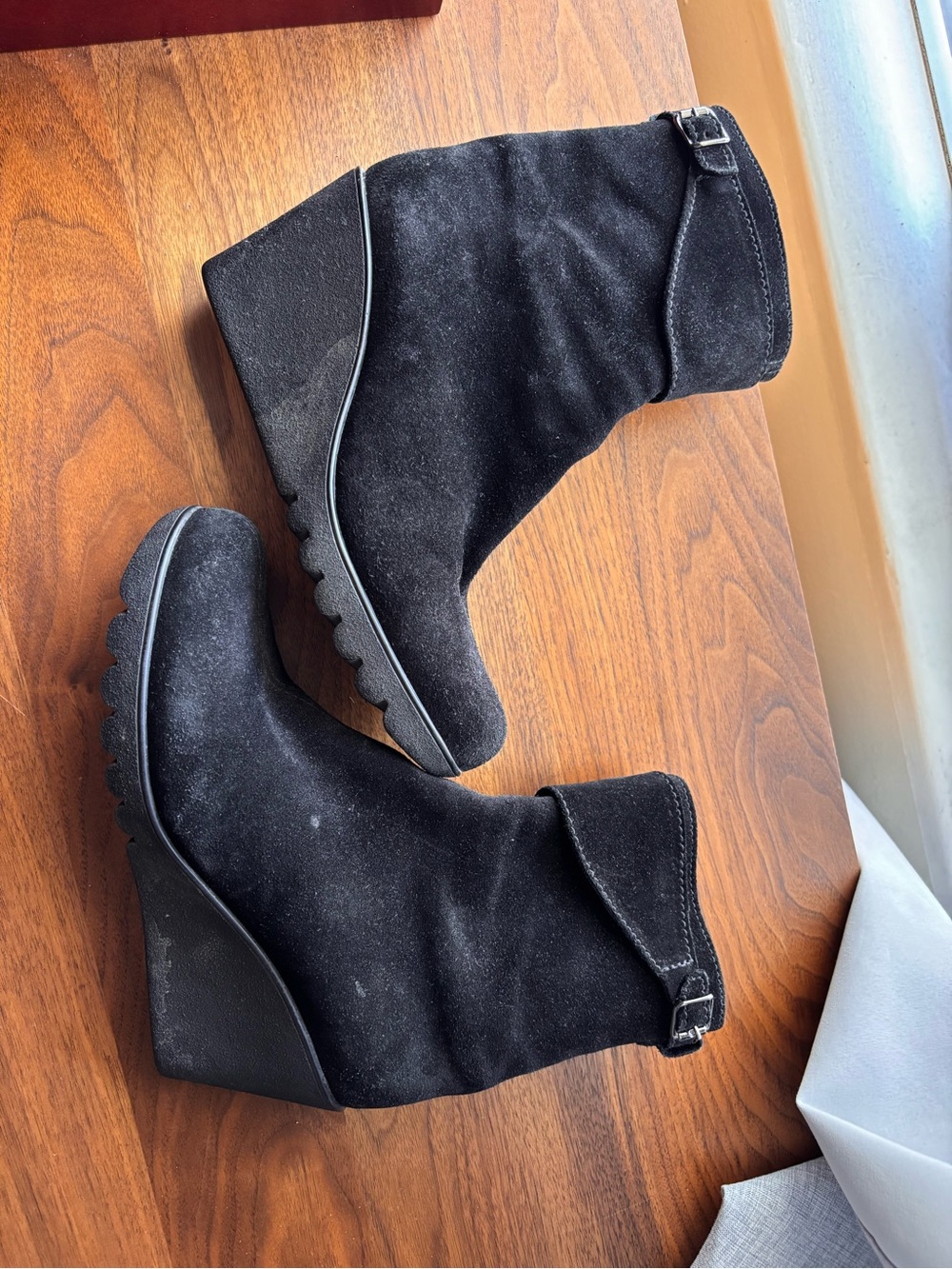 La CANADIENNE Waterproof Black Suede Wedge Ankle Boots with Buckle